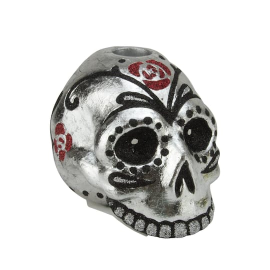 Gallerie II; Glittered Skull Head Halloween Taper Candle Holder; Category:Candle Holders; Image:1